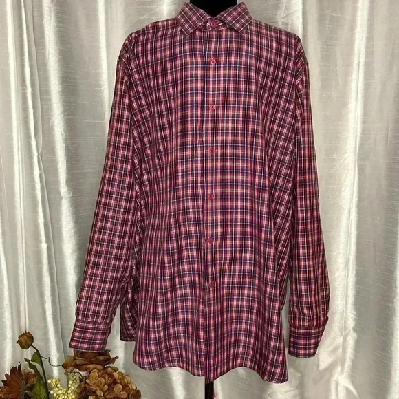 Fusion Men’s 18 1/2 34/35 Red White Blue Checkered Long Sleeve Button Down Shirt - Picture 3 of 7